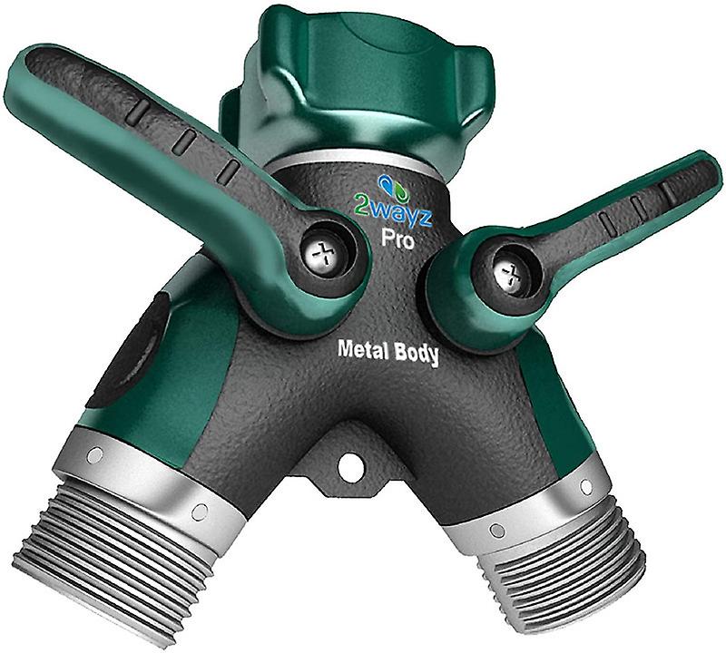 2-way heavy duty garden tap splitter, hose splitter, with shut-off valve, green