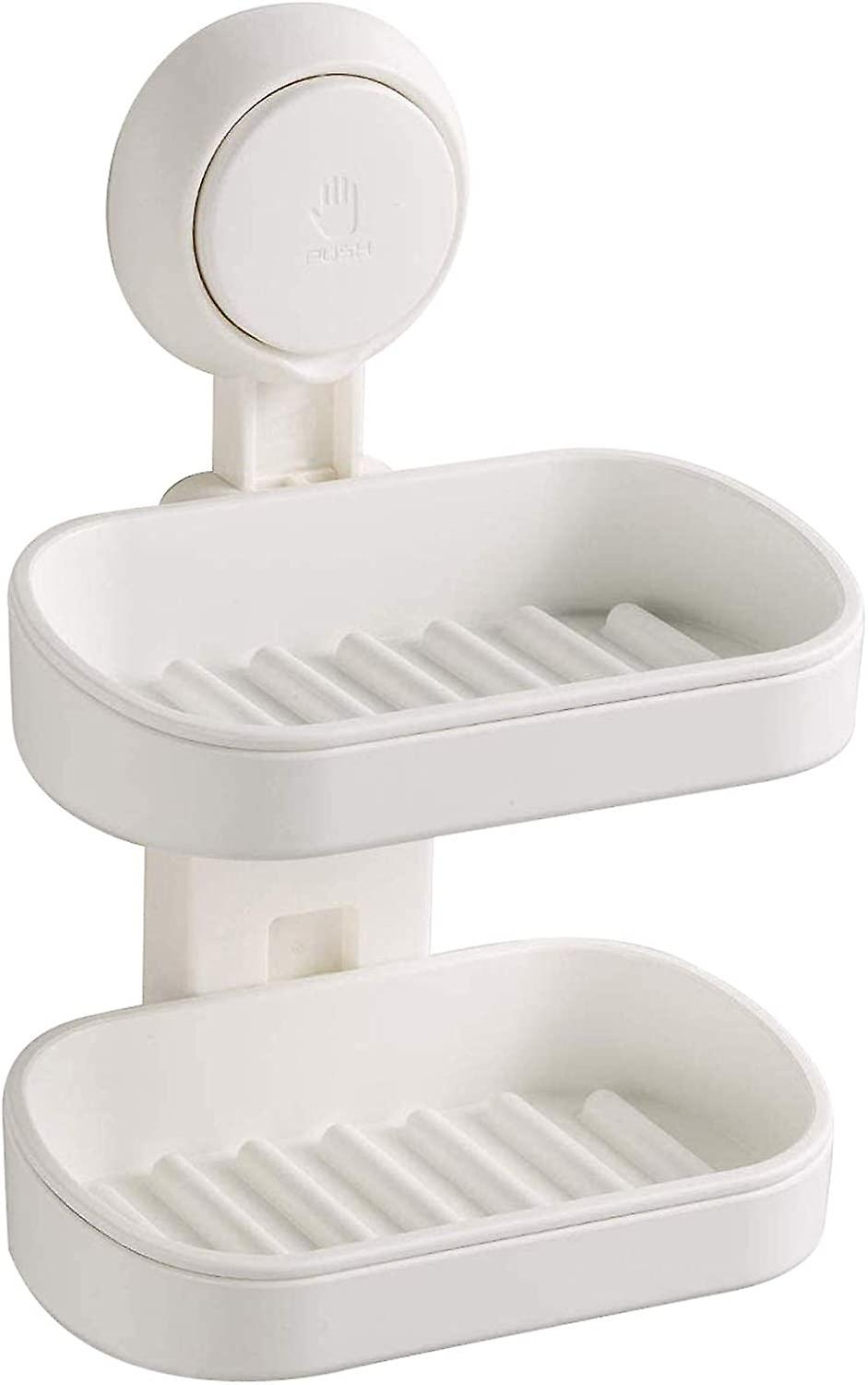 Double Layer Soap Dish Suction Cup Soap Holder for Shower, Powerful Soap Bar Case for Bathroom, Drill-Free, Drainage Design, ABS