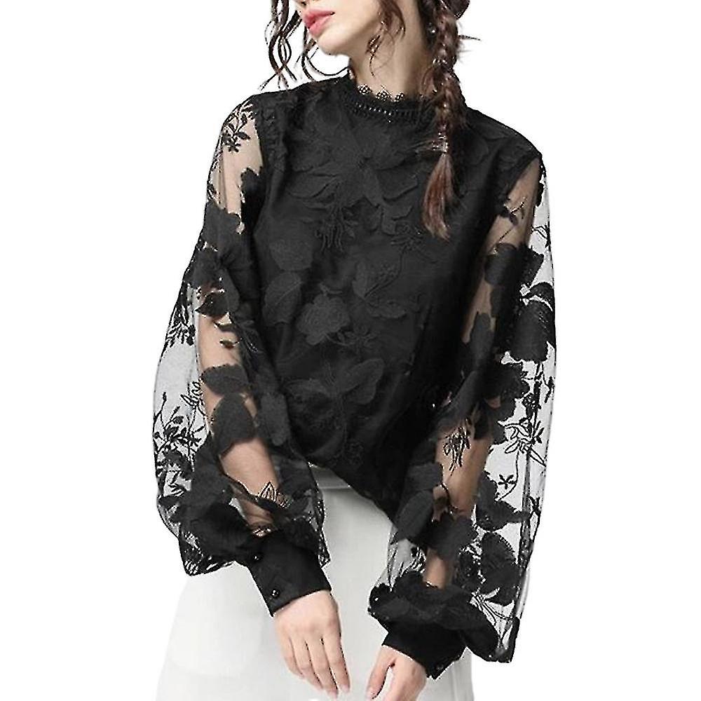 Women's Round Neck Lace Bubble Sleeve Top