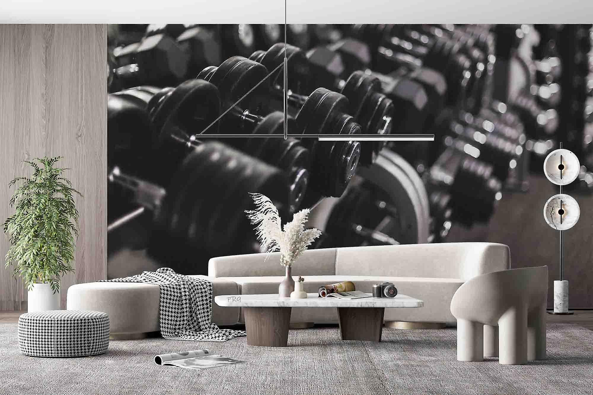 Papel de parede mural de parede de fundo de academia com halteres 3D Gd 4637