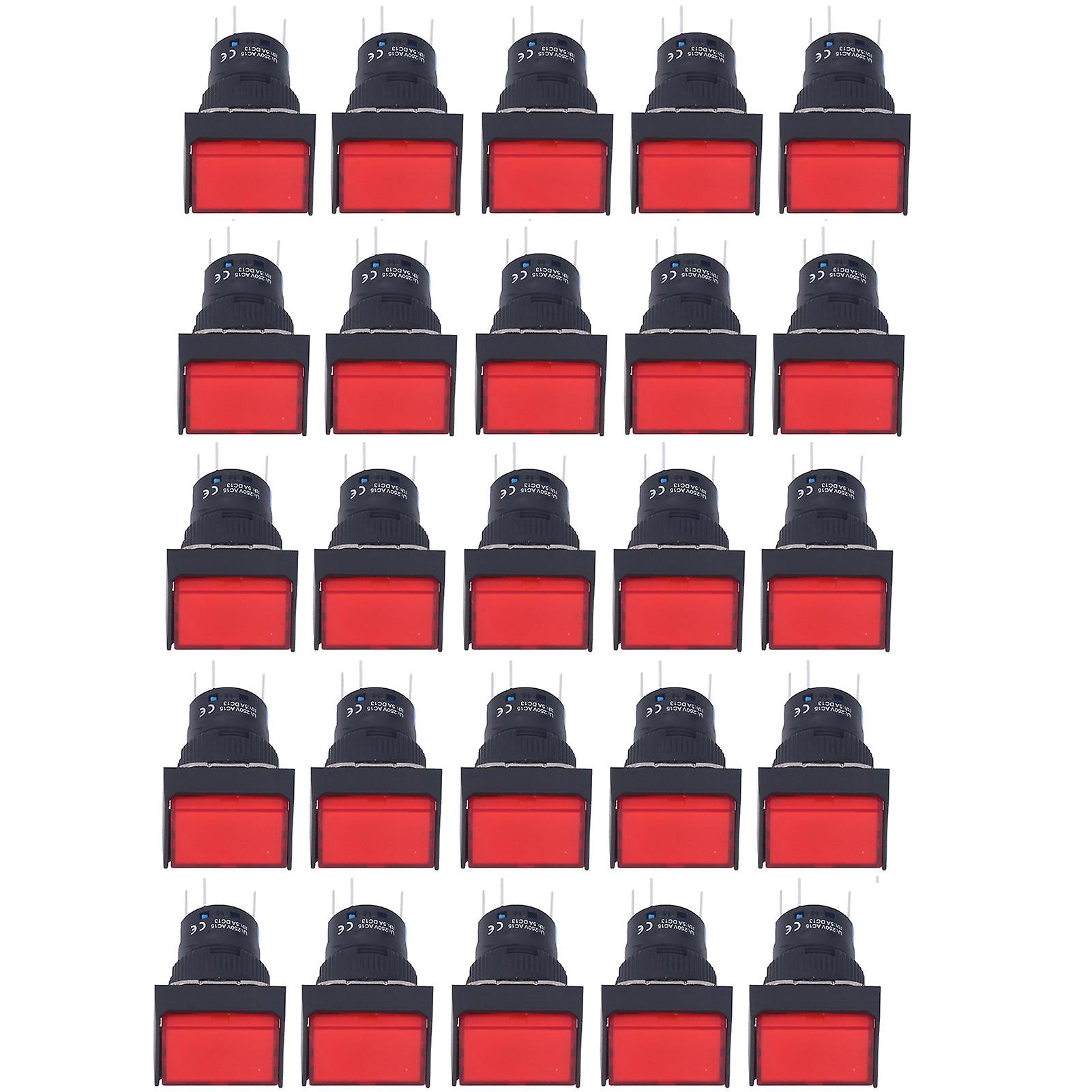 25Pcs Momentary Push Button Switch Self Locking Rectangle with Light 12V BEMLA1611DSJ 16mm(Red )