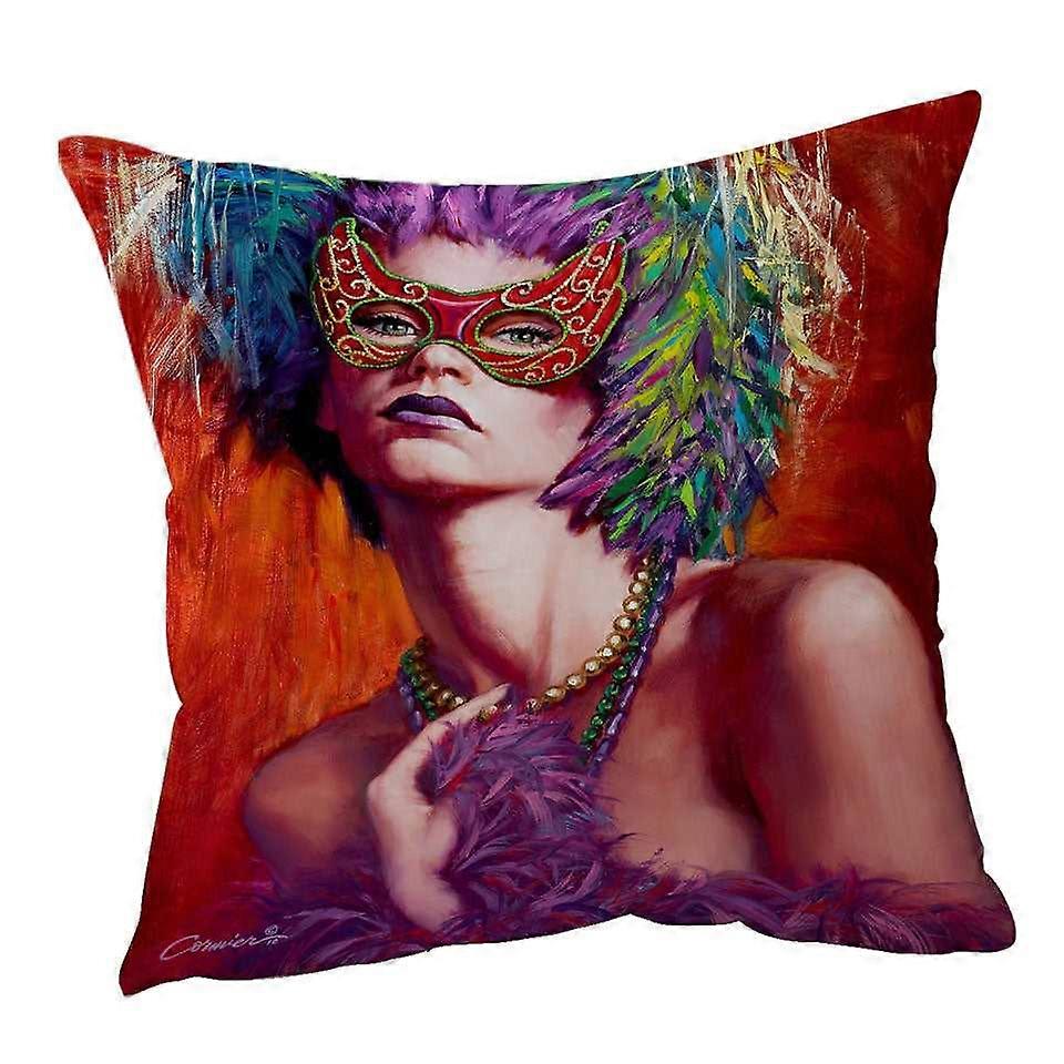 Beautiful Woman Wearing Mask and Feathers Cushion Cover