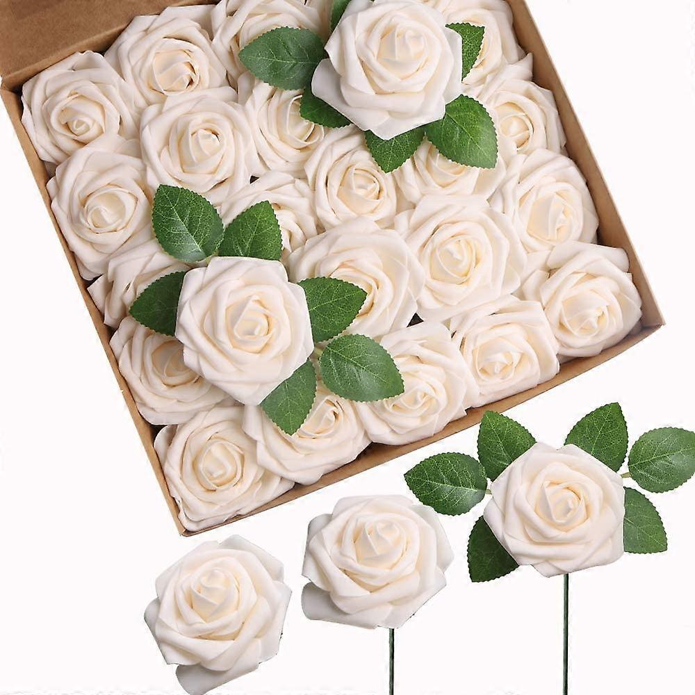25 Pieces Artificial Roses Artificial Flowers with Stems Fake Foam Roses for DIY