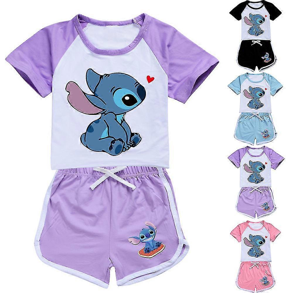 Kids Girls Lilo And Stitch Cartoon Print Casual T-shirt Tracksuit Set Loungewear Tee Shirts Tops Shorts 2 Pieces Suits
