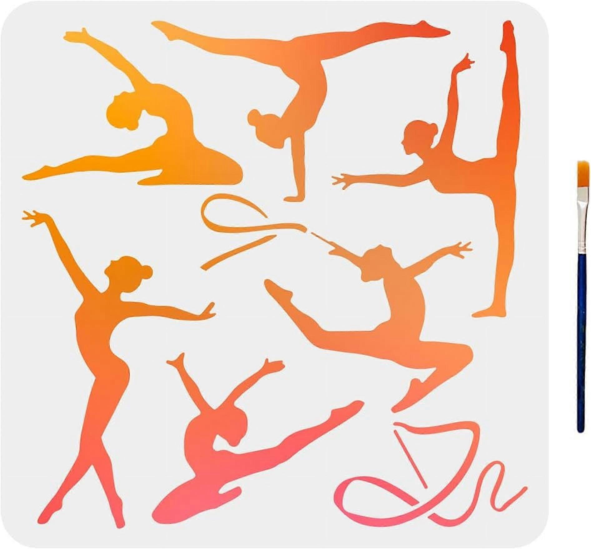 1Pc Gymnastics Stencil Artistic Gymnastics Drawing Template with Paint Brush Reusable Elegant DIY Gymnastics Home Room Wall Window Decor