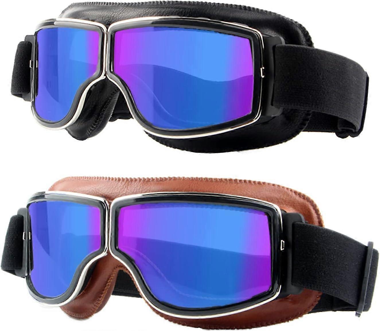 SBSG Motorcycle Goggles,2 Pack Vintage Anti Fog Pilot PU Leather Glasses Dustproof ATV Off Road Motorbike Helmet Eyewear Protect for Ridding Motorcros