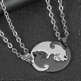 1 PairBlack+WhiteKeychain Couple Friendship Cat Lovers Round Shape Keychain Puzzle Separable Anniversary for Lover Valentine's Day Gift