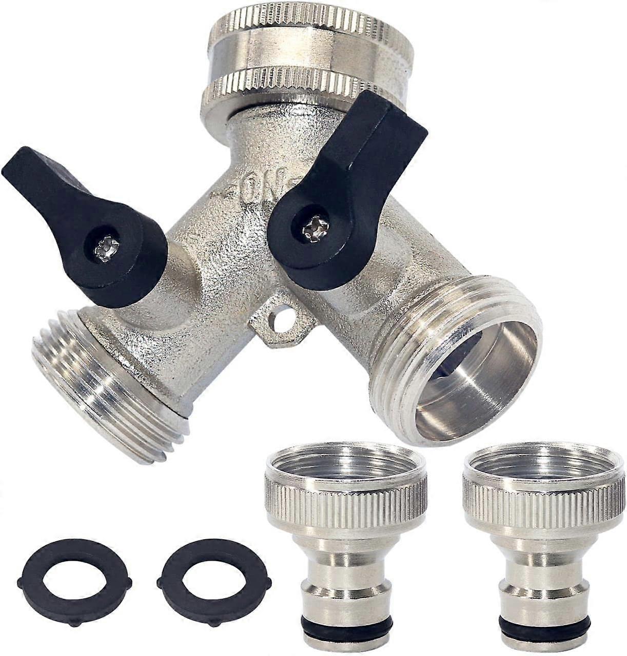 2 Way Garden Hose Splitter, 2-Way Tap Connector with Individual On/off and Two Quick Connector, 3/4" Tap Y Splitter Brass Hose Connector - Silver