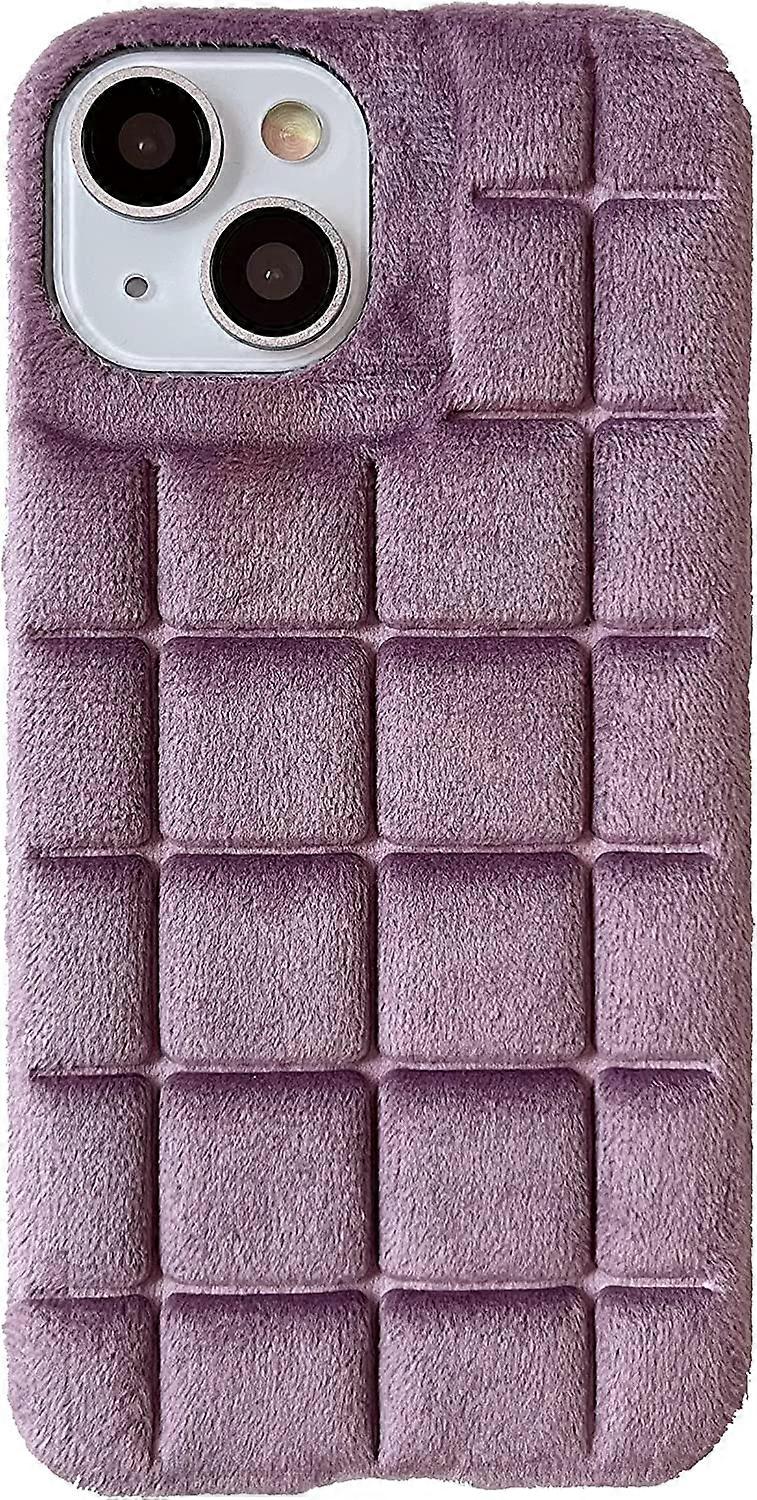 Solid Color Winter Warm Fuzzy Furry Fluffy Plush Checked Grid Plaid Checkered Soft Compatible with iPhone Case for Women Girls (White,iPhone 13)