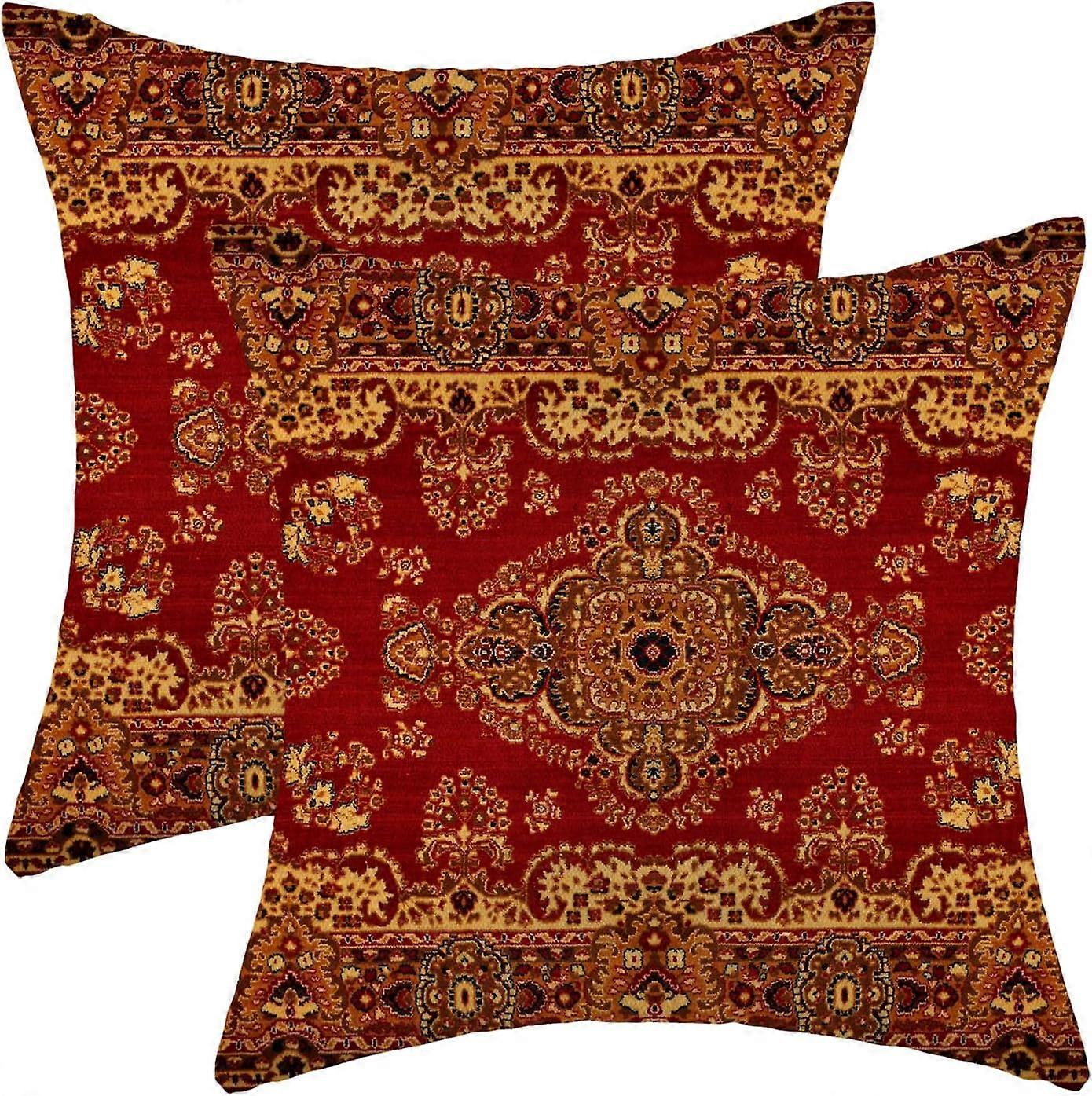 Boho Pillow Covers 16x16 Inch Set of 2,Red and Yellow Ethnic Design Throw Pillows Case,Carpet Pattern Outdoor Decorative Square Linen Farmhouse Decor
