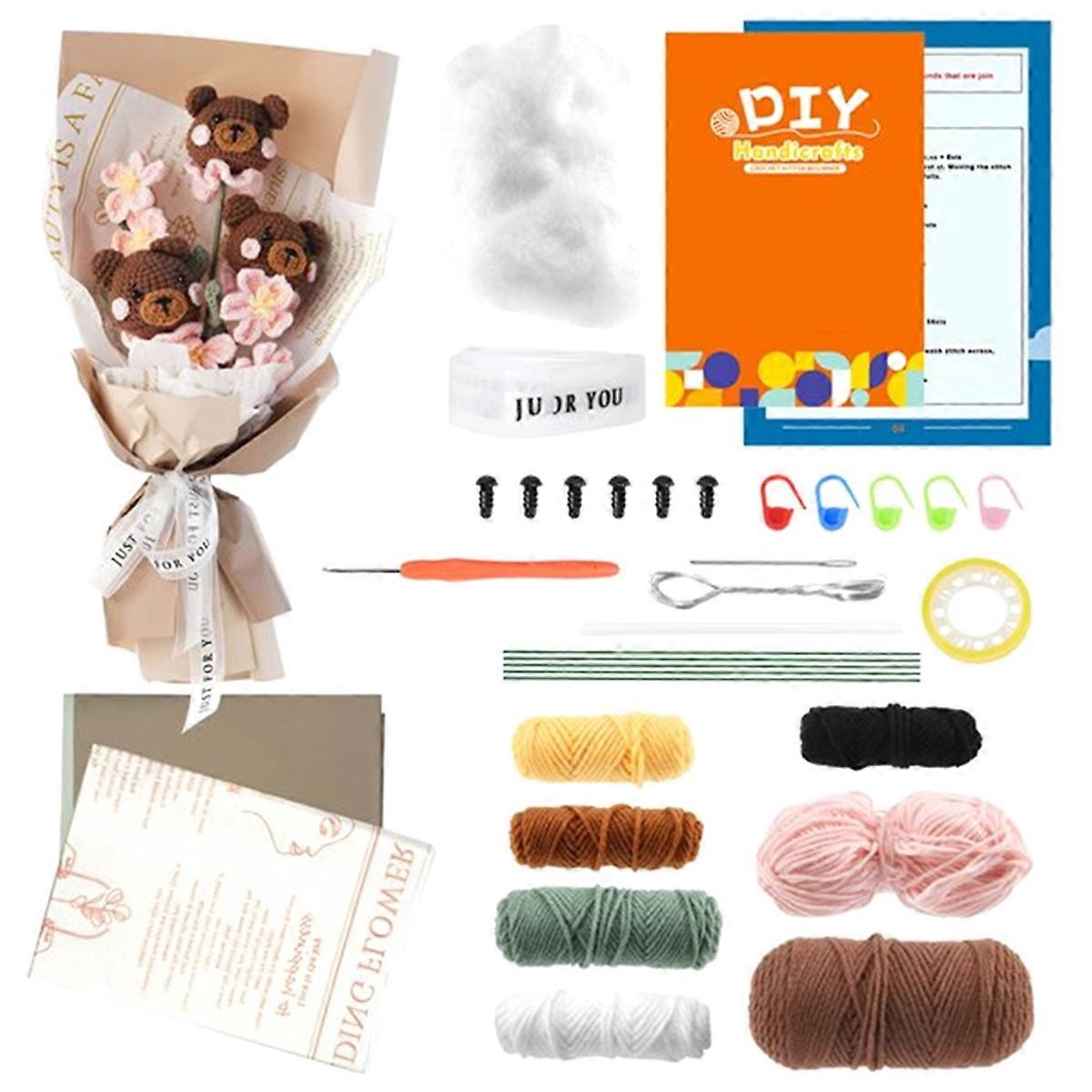 Flower Bouquet Crochet Kit for Adults & Beginners, Crochet Accessories & Step-By-Step Manual (Bear/