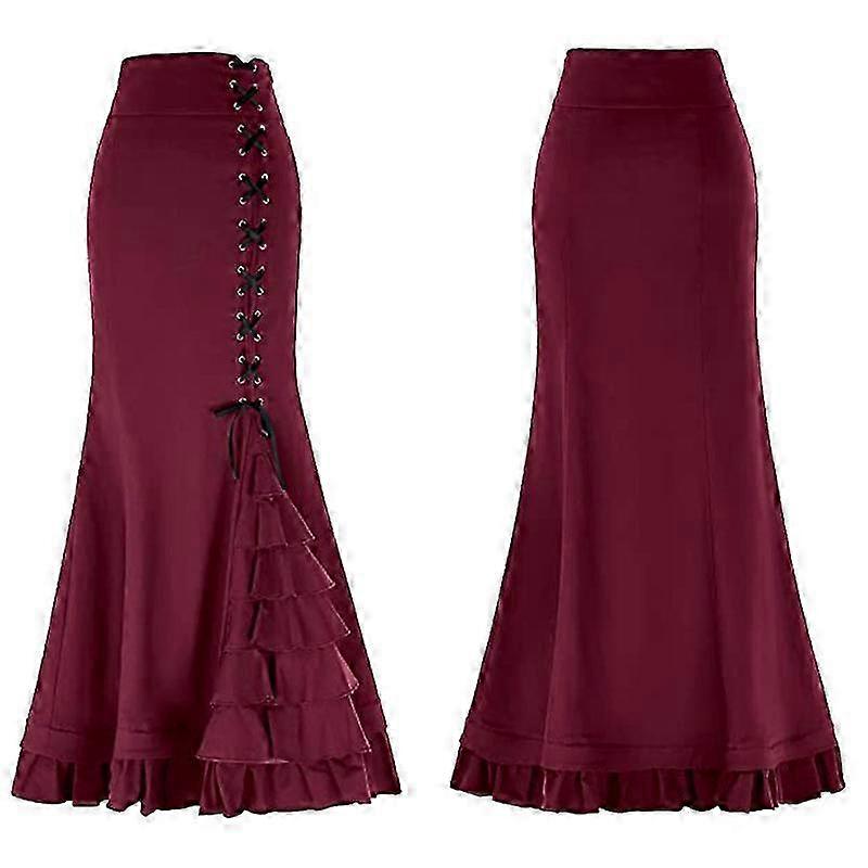 Kadın Pileli Midi Etek Gotik Punk Etek Dantel Up Viktorya Dönemi Etek Elastik Yüksek Bel A-line Maxi Viktorya Dönemi Etekler P20250110739