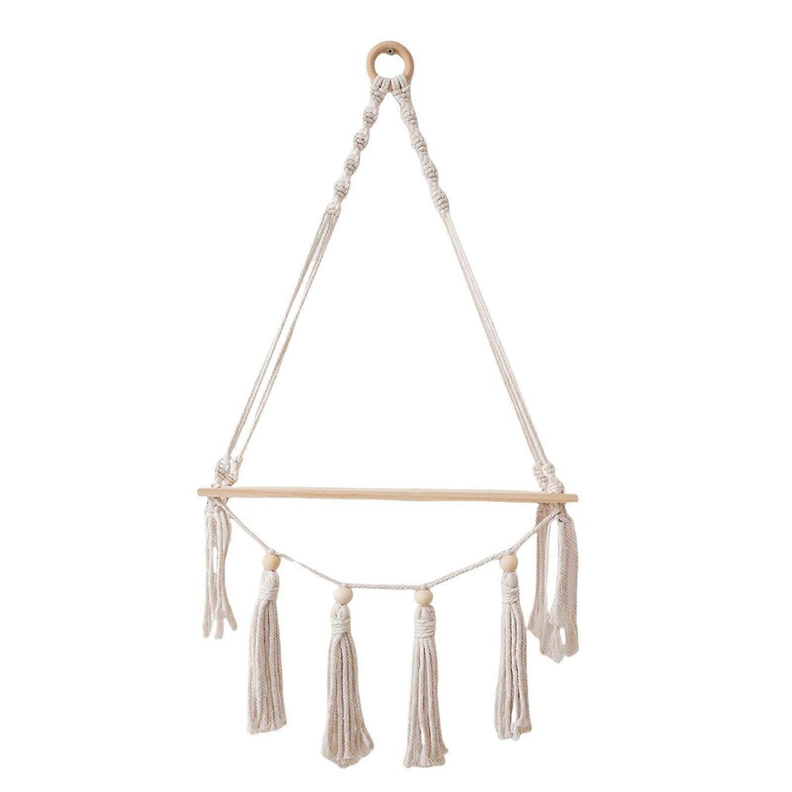 Floating Wall Shelf Hanging Plant Holders for Home Decoration Triangular String Rope Wood Storage Rack Bohemian Stand White