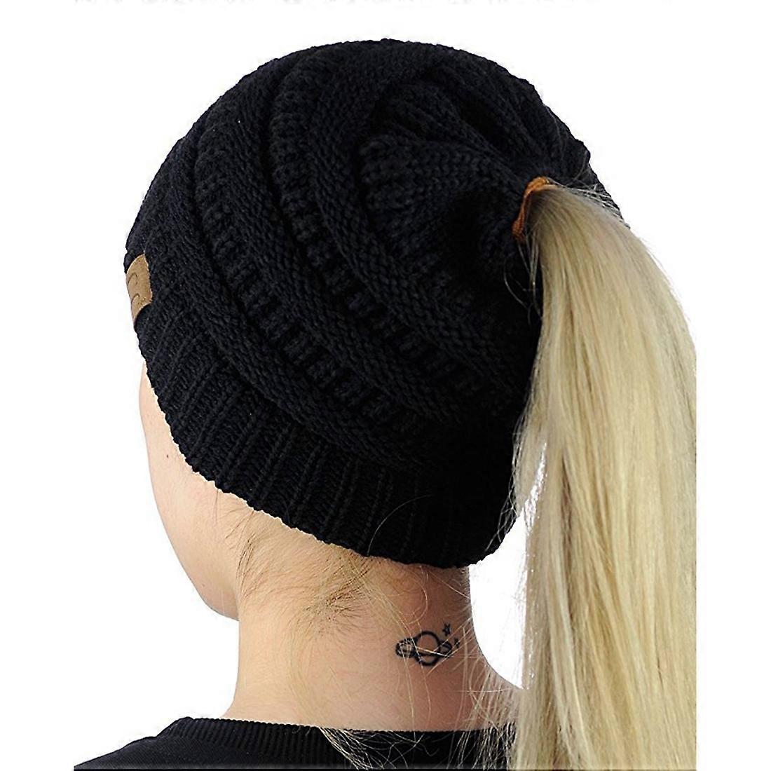 CC Letter Ponytail Cap Knitting Hat for Ladies