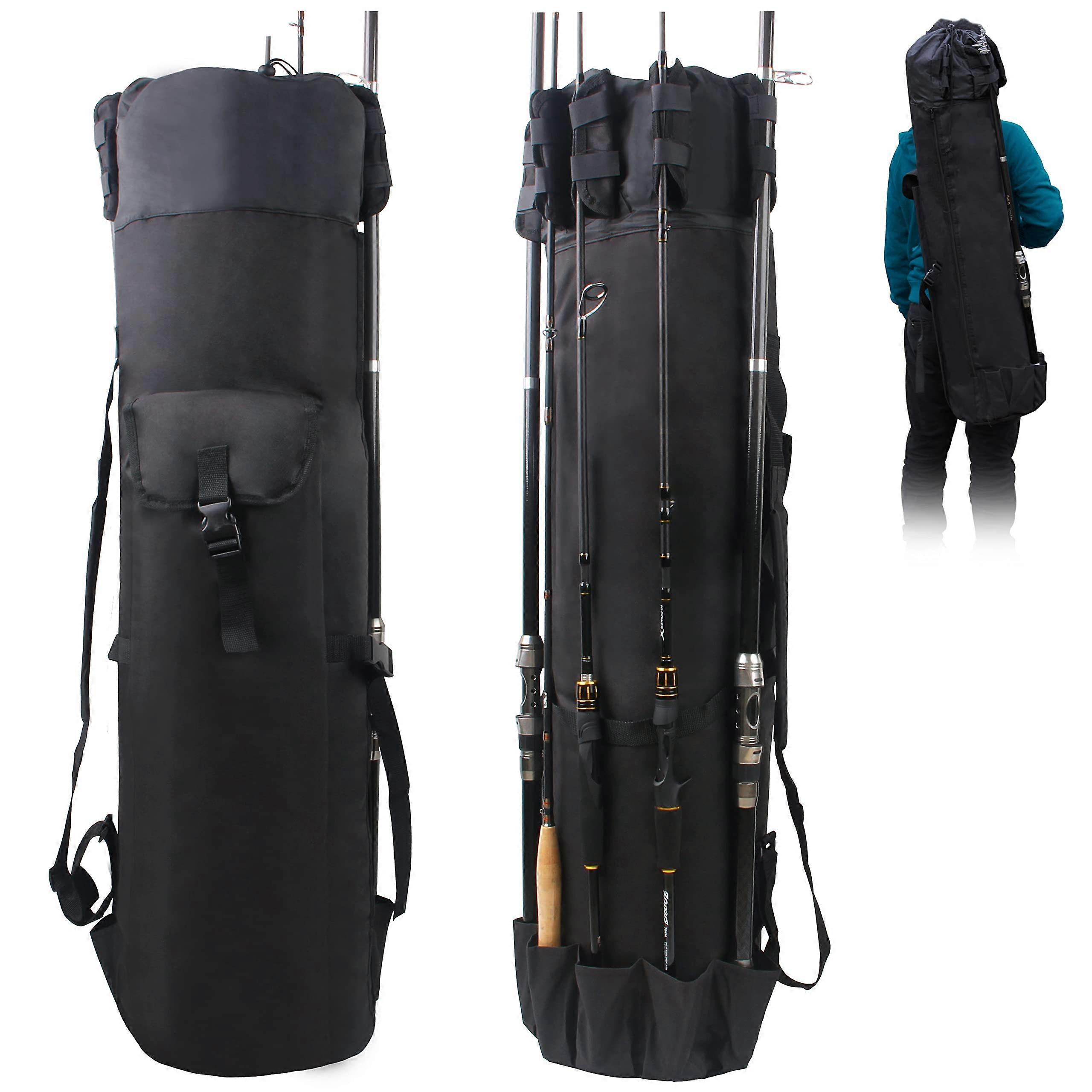 Multifunction Fishing Pole Bag - Waterproof Durable Canvas Rod Reel Carrier Case with Large Storage for Men, Black