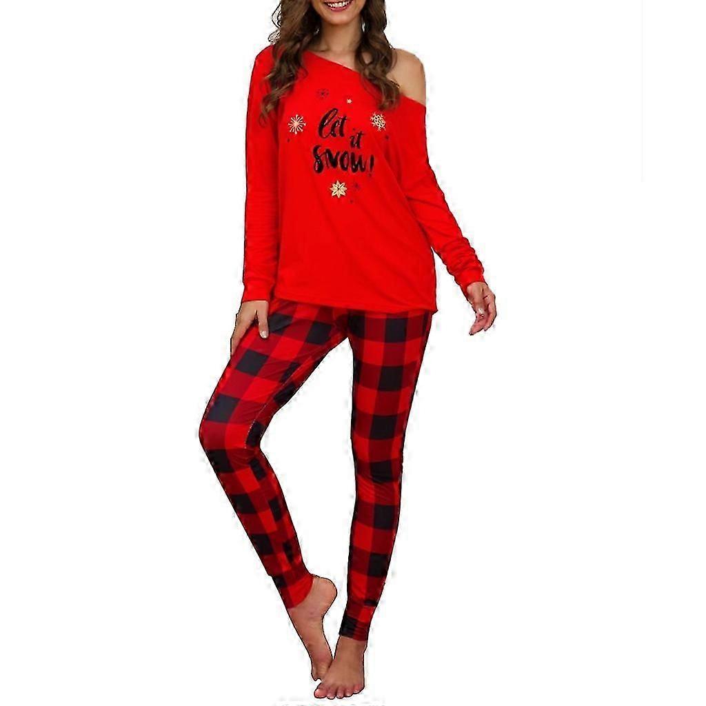 Women Lounge Set One Shoulder Long Sleeves Christmas Print Grid Pants Pajamas Set for Daily Life Red S