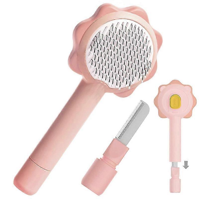 猫ブラシとコーム2-in-1、ペット用セルフクリーニングスリッカーブラシ、脱落用猫ブラシ、犬/猫用プログルーミングコーム-ピンク