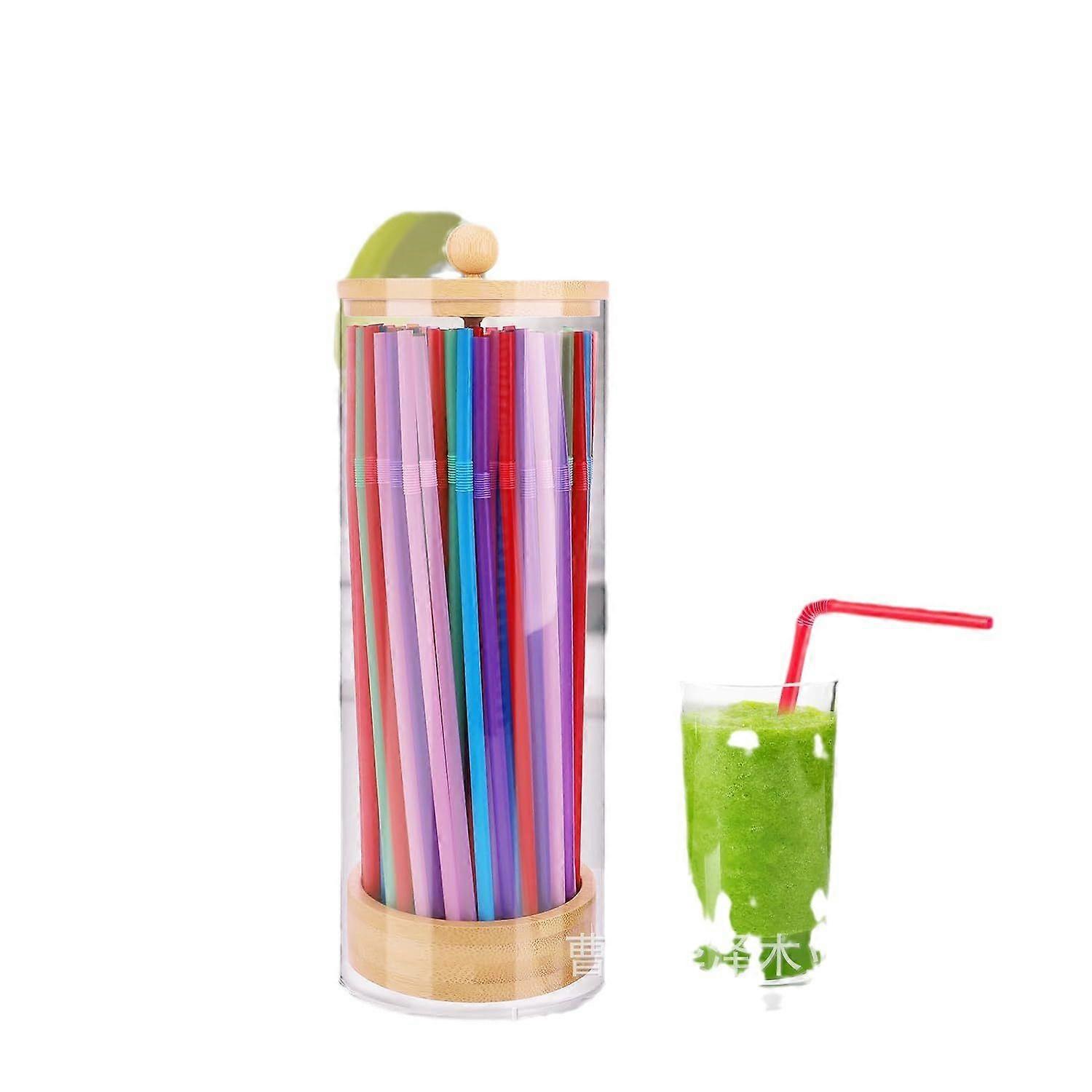 Wooden Lid Straw Organizer for Countertop Multi-Purpose Storage Container for Utensils Clear Straw Holder with Lid for Office and Cafe