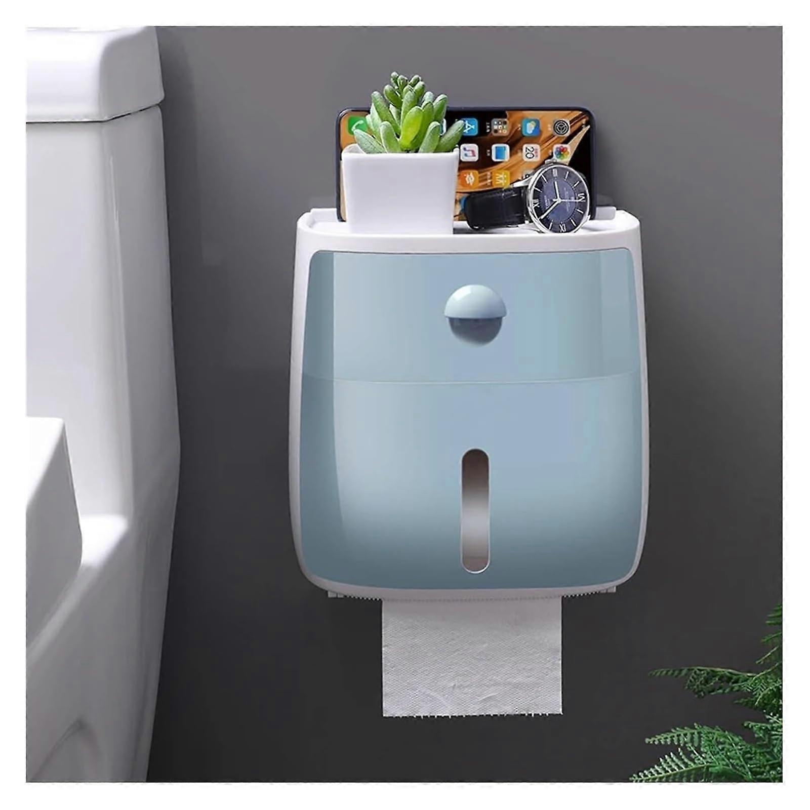 Wall-Mounted Tissue Dispenser - Double-Layer Toilet Paper Holder with Storage Drawer for Bathroom and Living Room (Blue)