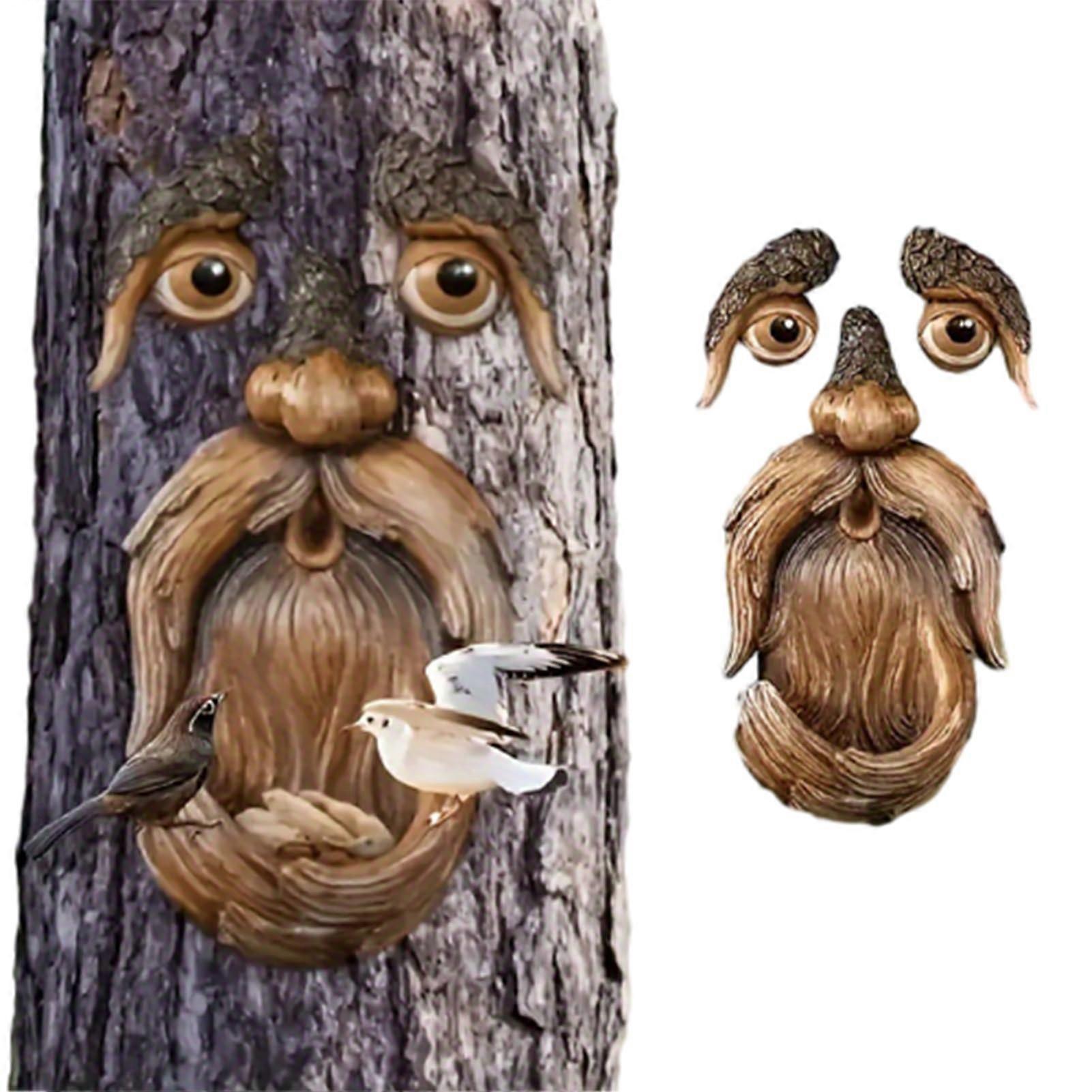 Tree Face Bird Feeder Resin Garden Old Figure Man Tree Faces Decor