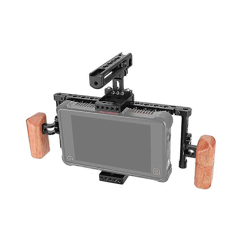 Adjustable 7 Monitor Cage Rig Bracket Support with Dual Wooden Handgrip & Aluminum Top Handle for Compatible Brand Devices