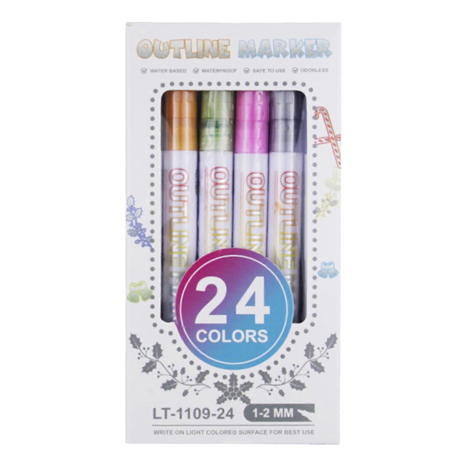 24 Colours Outline Marker Glitter Pens Doodling Set Water-Based Ink Pens For Art And Craft Scrapbooking Smooth Writing