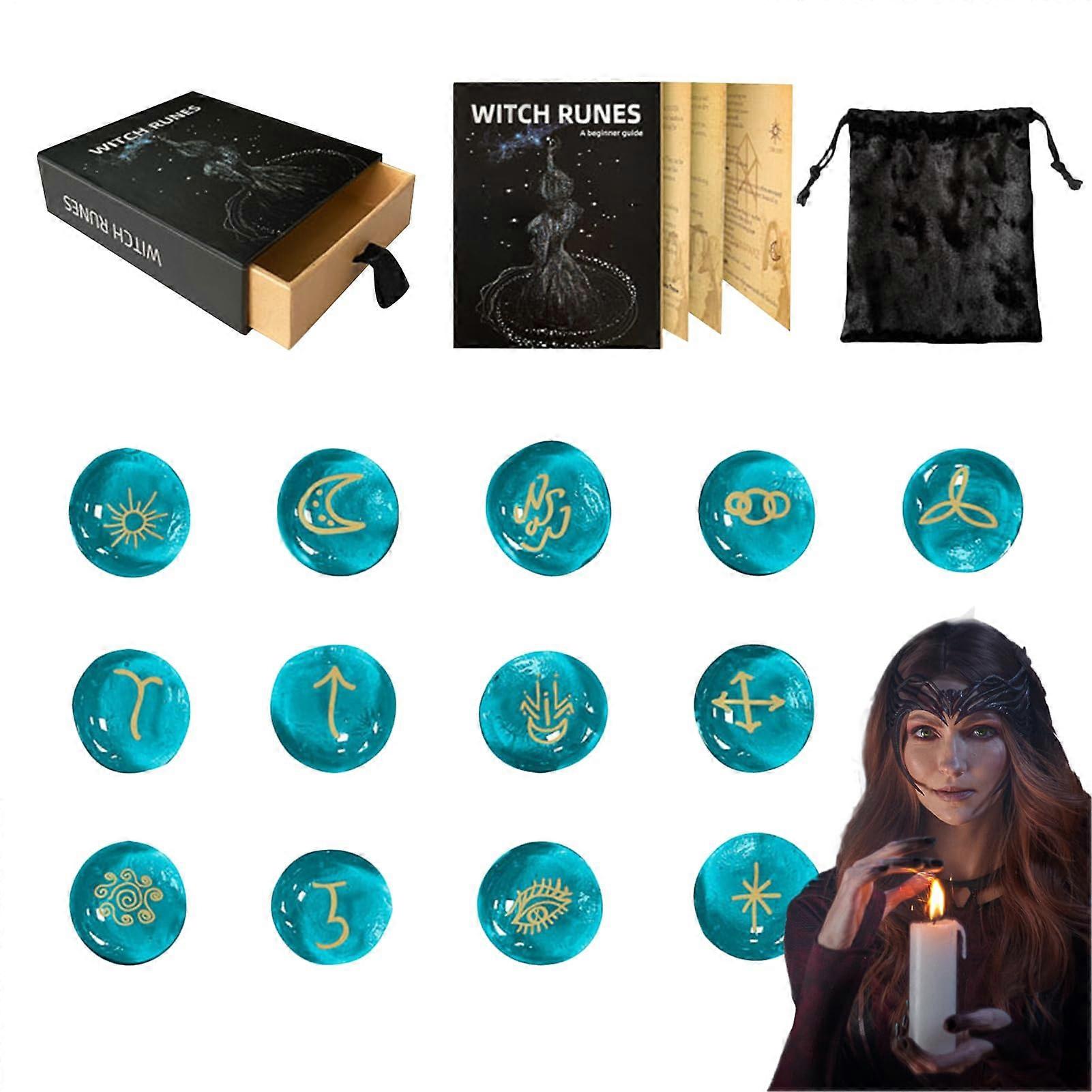 Rune Set for Beginners, Altar Oracle Stones, Spiritual Accessories with Guidebook and Pouch for Women Men Altar Paganism Rituals Blue