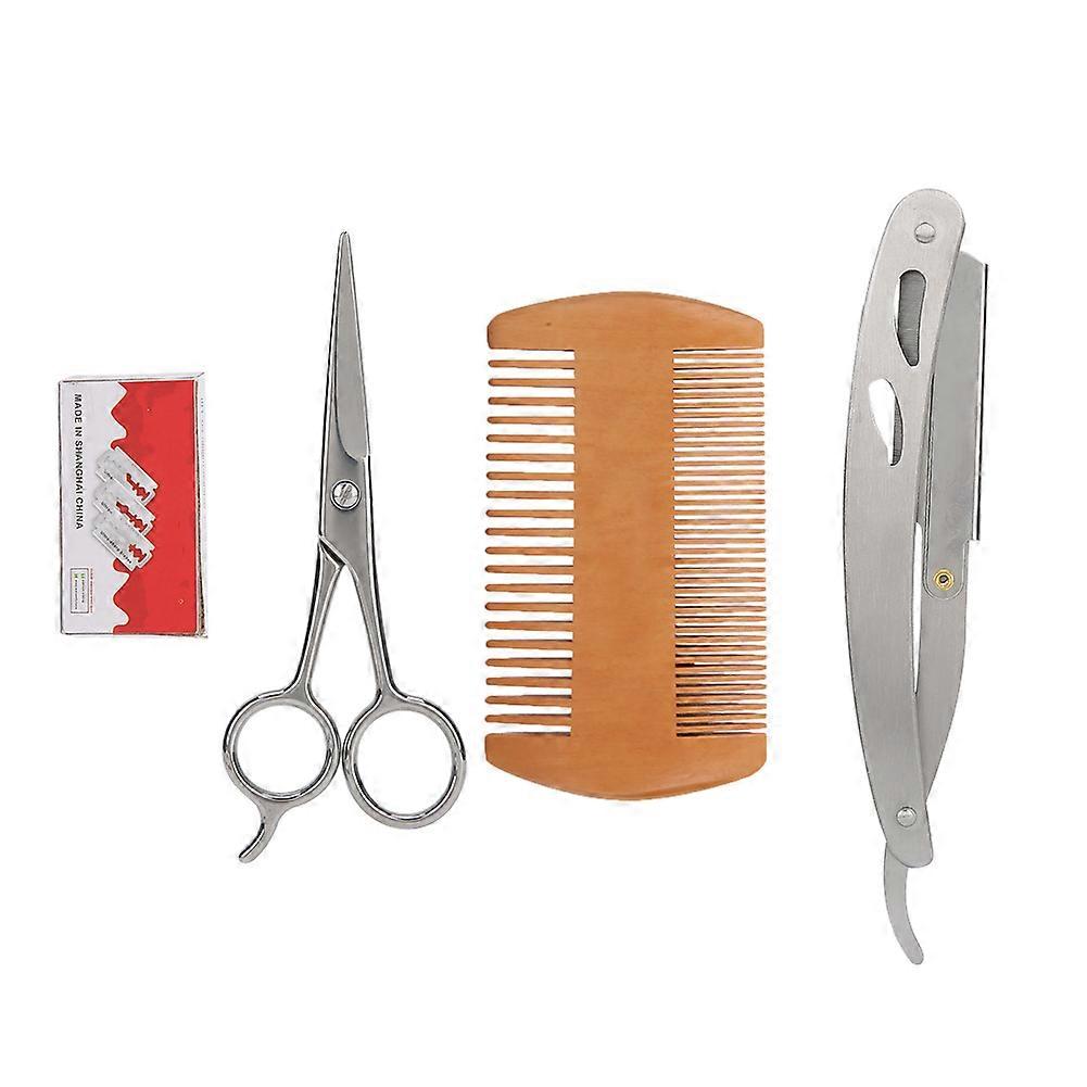 Blue ZOO 4pcs Beard Kit Shaving Knife Blade Double Sided Comb Scissors Set(Silver )