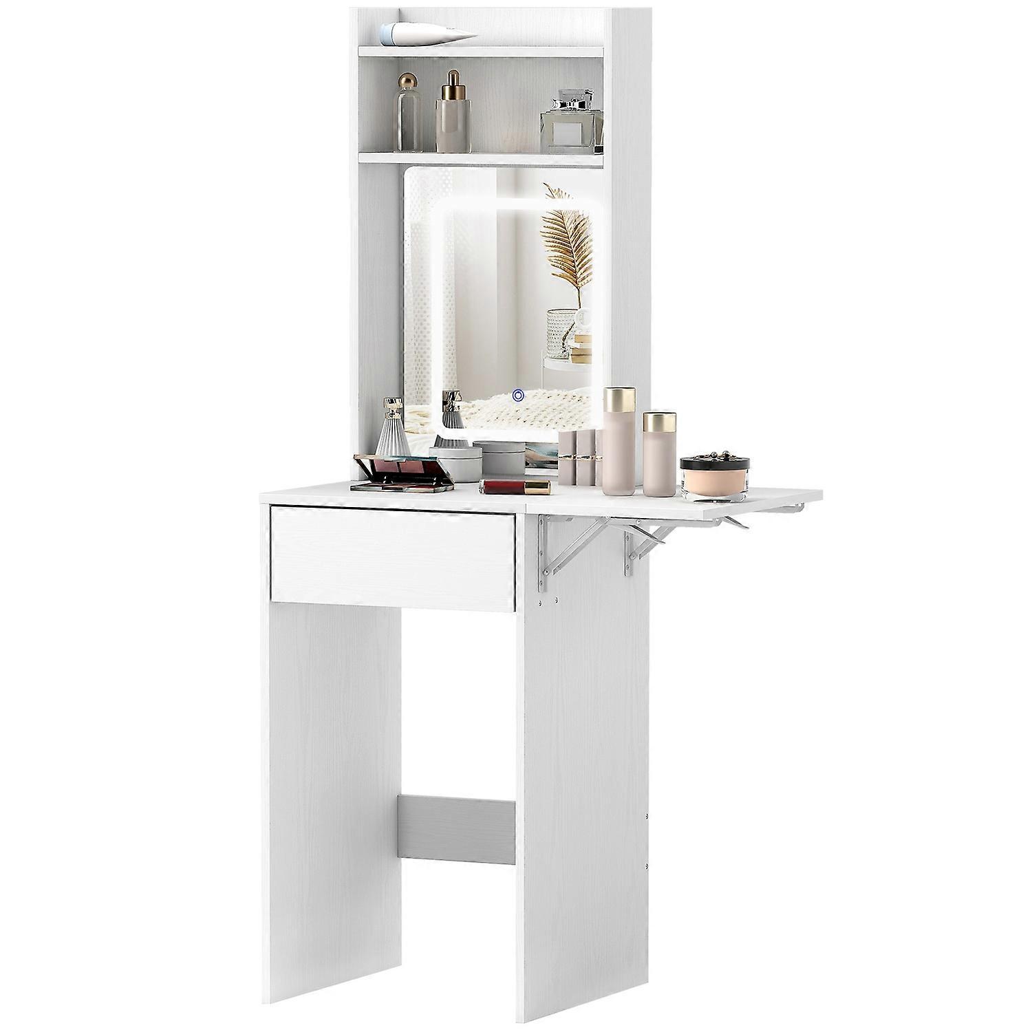 Compact Vanity Table with Mirror and LED Lighting, Foldable Table Top, Open Shelves, Drawer, MDF, White