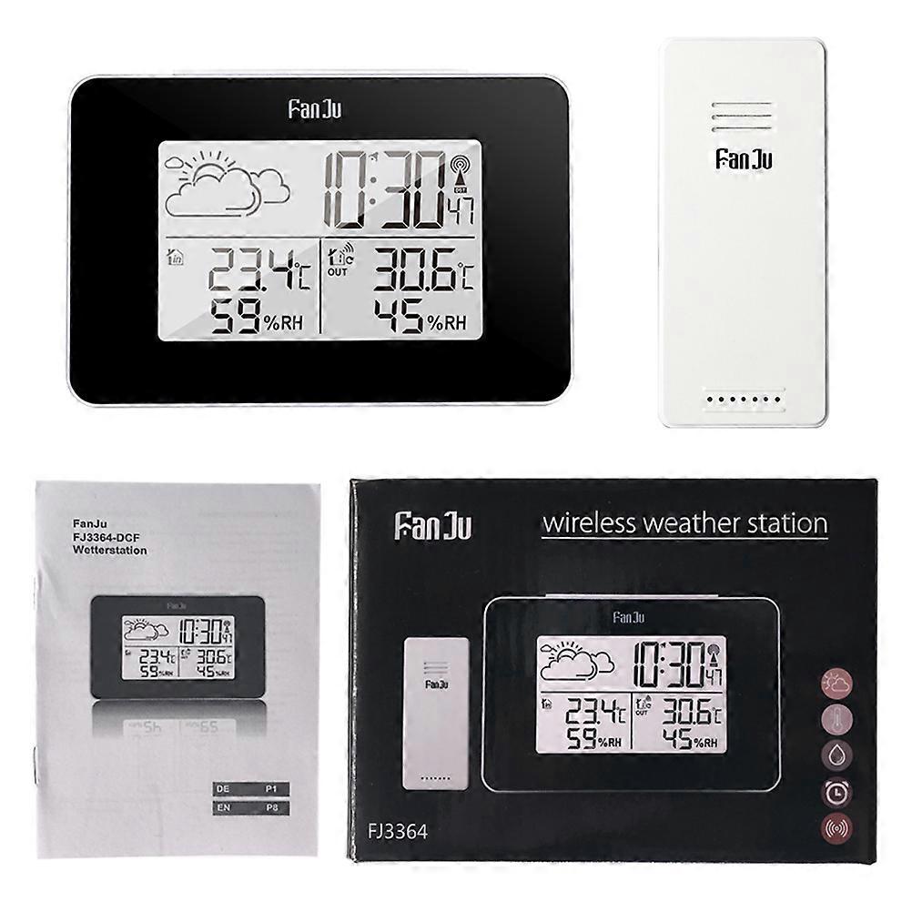 Weather Clock Digital Thermometer Hygrometer Indoor Outdoor Use Rectangular Shape Black 1Piece