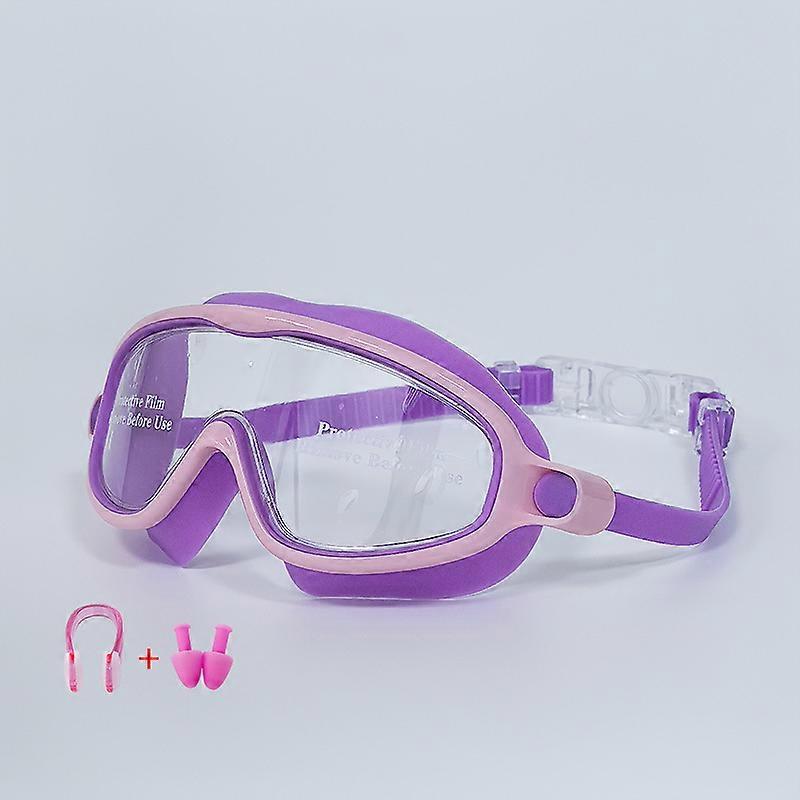 Large-frame swimming goggles, high-definition waterproof and anti-fog swimming goggles for boys and girls (pink and purple)