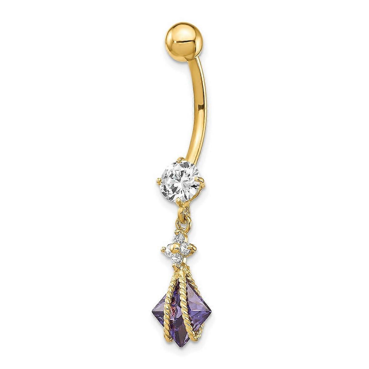 10k Yellow Gold Textured Polished Screw back With Dangle 6mm Sq Amy Cubic Zirconia Belly Ring-Dangle Body Piercing-Screw