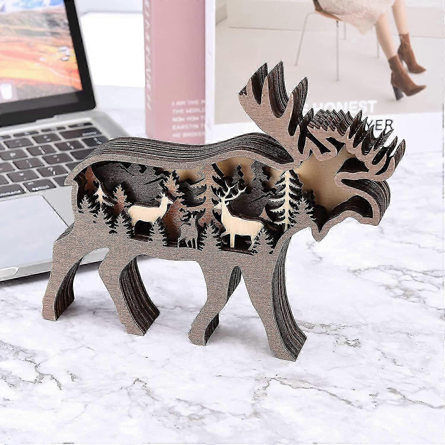 Christmas Wooden Brown Elk s Decorations, with Hollowed Back Multi-Layer Forest