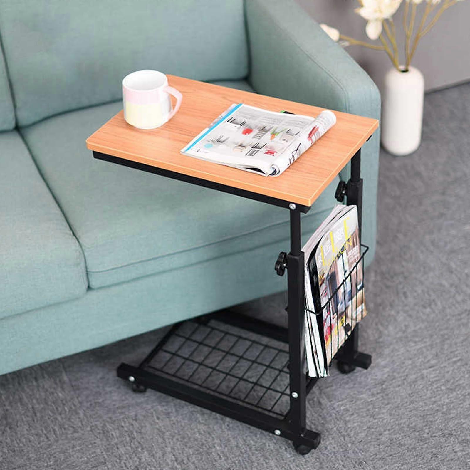 Adjustable Height Side Table Small Coffee Table Laptop Table (Light Brown)