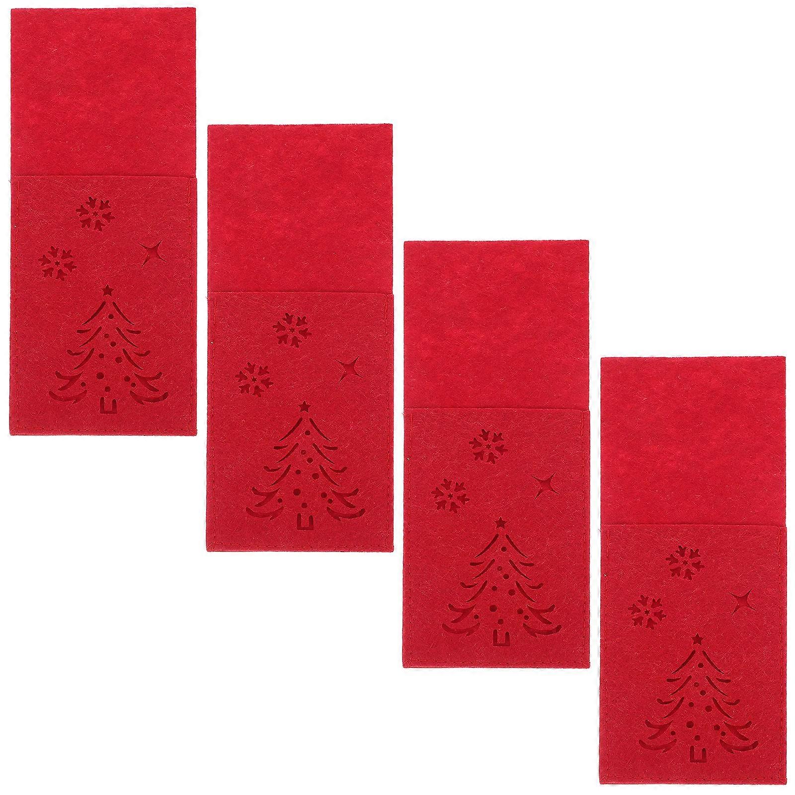 Utensil Pouch Red Tableware Pouch Christmas Decoration Square Shape Cutlery Storage 4Pcs