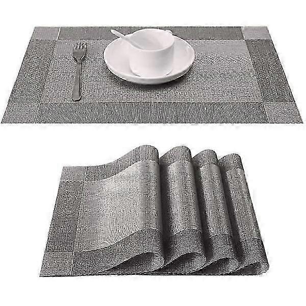 Placemat set of 6, non-slip, wipeable, PVC, durable, heat-resistant, silver.