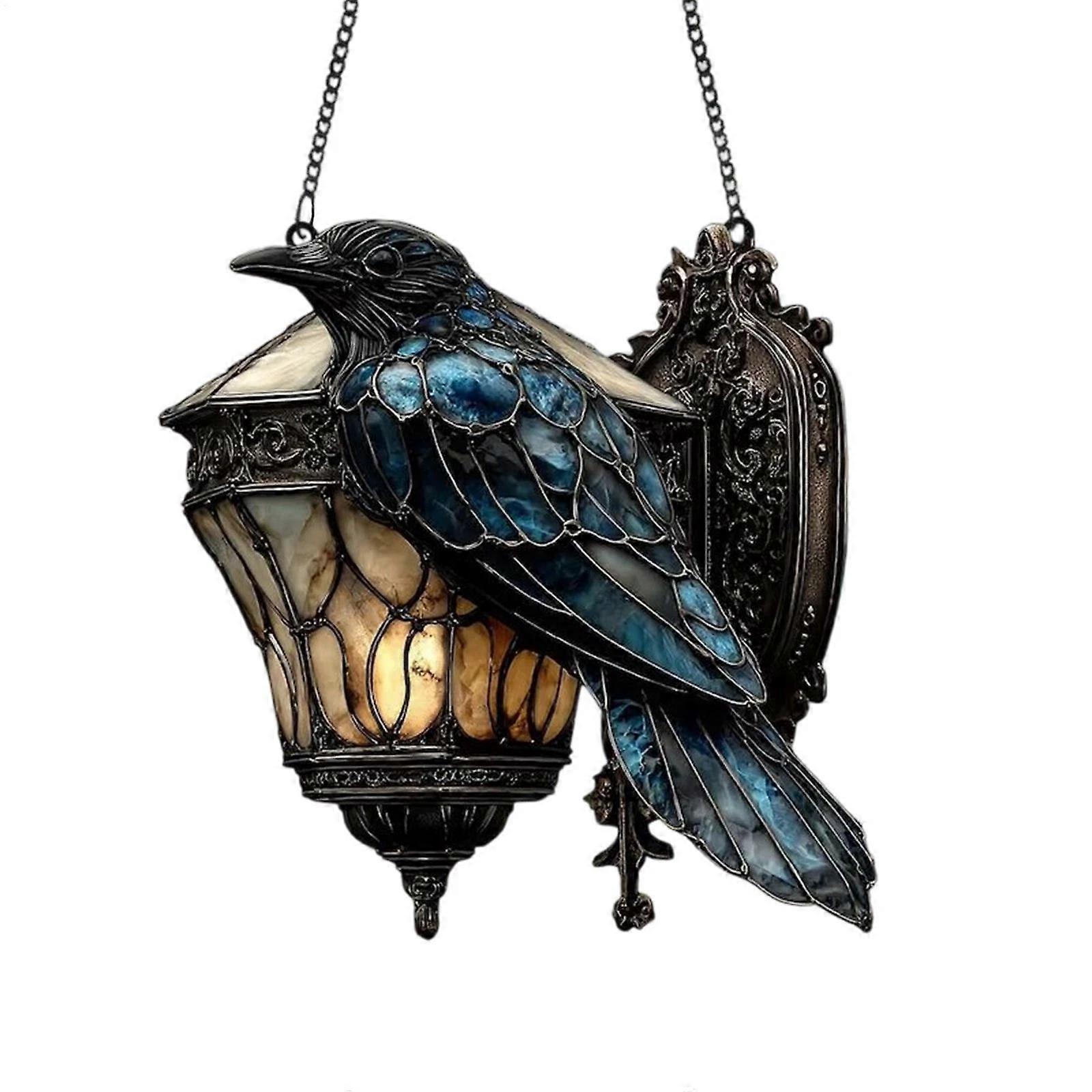 Raven on Lantern Suncatcher 万圣节乌鸦灯笼 Suncatcher 装饰彩色玻璃亚克力装饰品,适合黑暗学院之家