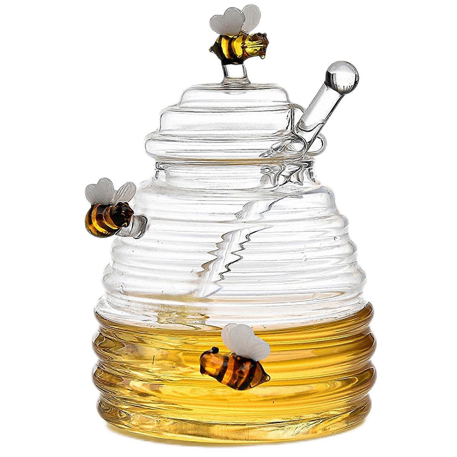 Honey Jar With Dipper And Lid, Glass 400 Milliliters Honey Pot, Beehive Style Dispenser, Drip , Clear Glass