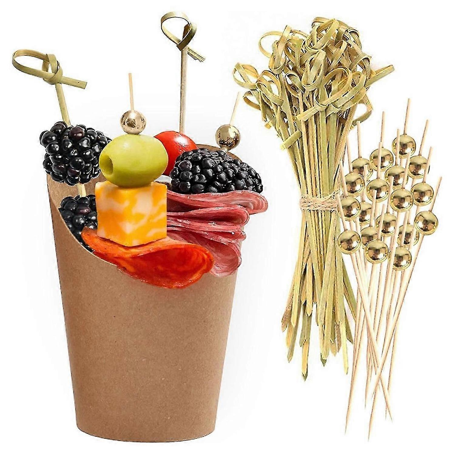 50PCS 14oz Kraft Charcuterie Cups with 200 Sticks (2 Types) - Wide Enlarged Top Cutout for Better Display