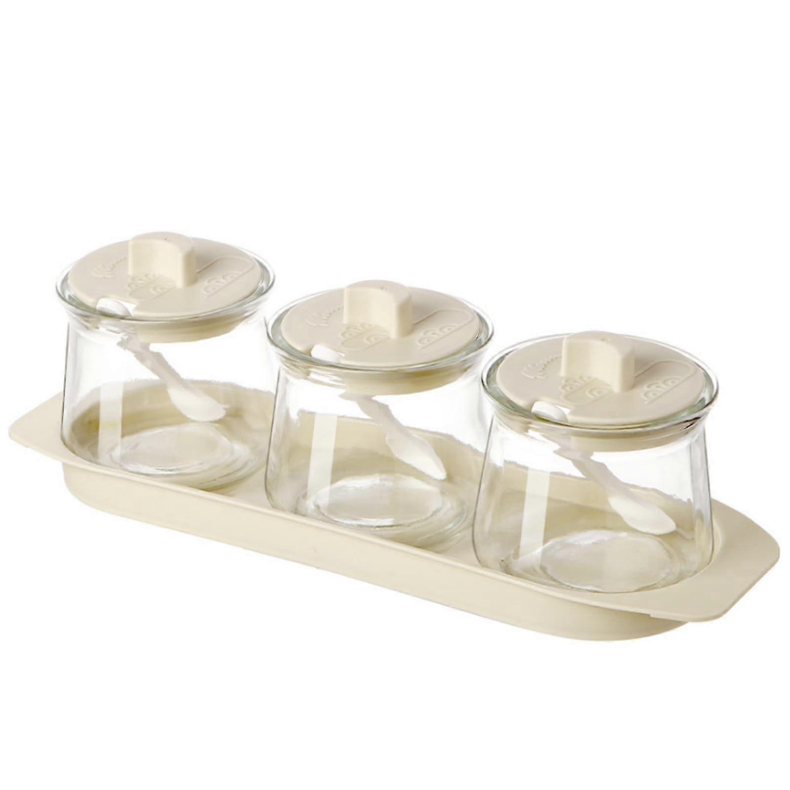 Glass Condiment Jar 3Pack Set With Tray Lids And Spoons Beige For Salt Pepper Sugar Spice Storage Kitchen Counter