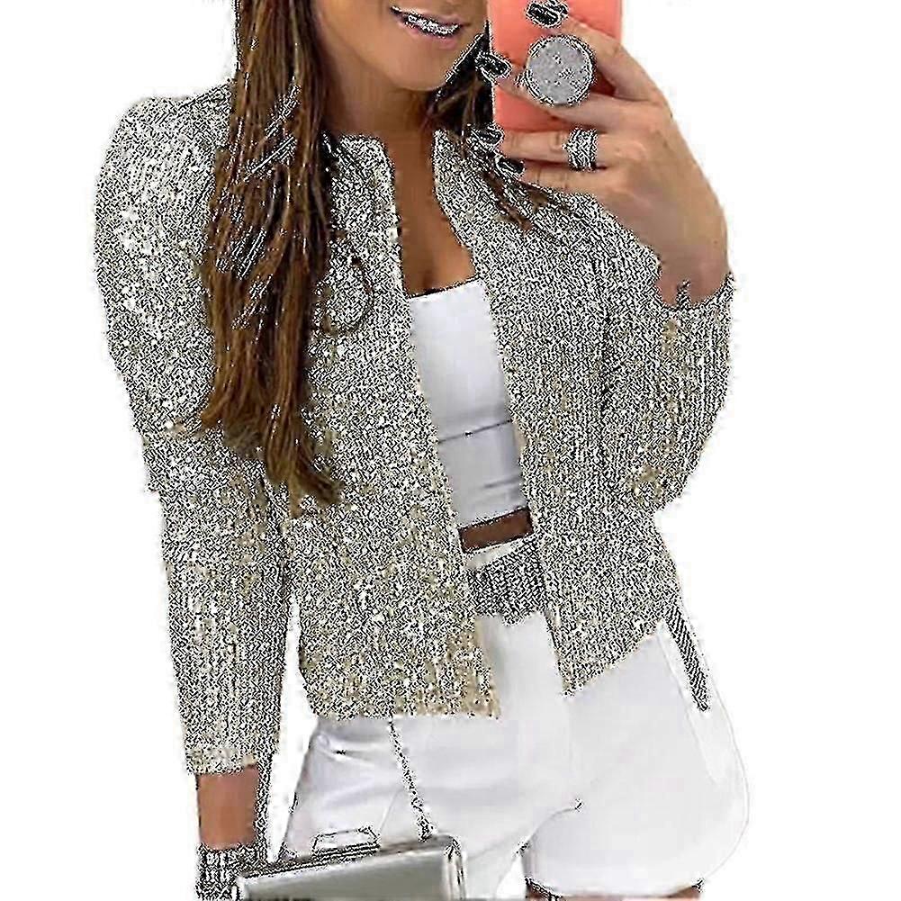 Jacheta de paiete pentru femei Open Front Casual Cu maneca lunga Cardigan Coat Collarless Glitter Jacheta scurta
