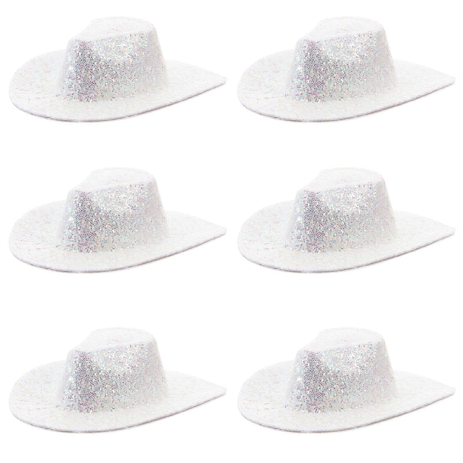 White Miniature Cowboy Hats for Decor 6Pcs Glitter Artificial