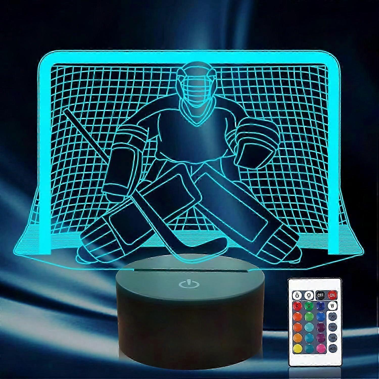Ice Hockey Goalie Night Light, 16 Color Changing 3D Lamp with Remote Control & Timer, Hockey Decor for Men
