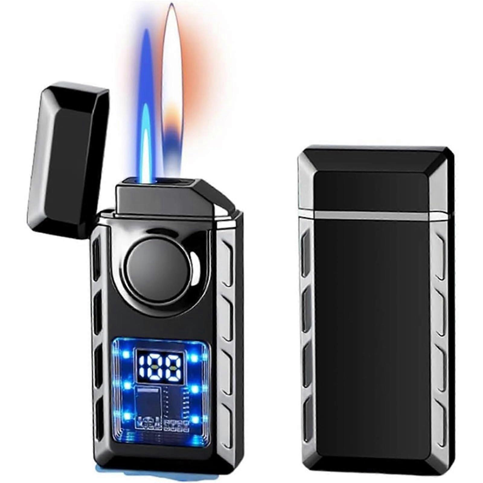 VoiceActivated Smart Dual Flame Lighter 4 Ignition Methods Rechargeable Windproof Refillable Butane Men's Black
