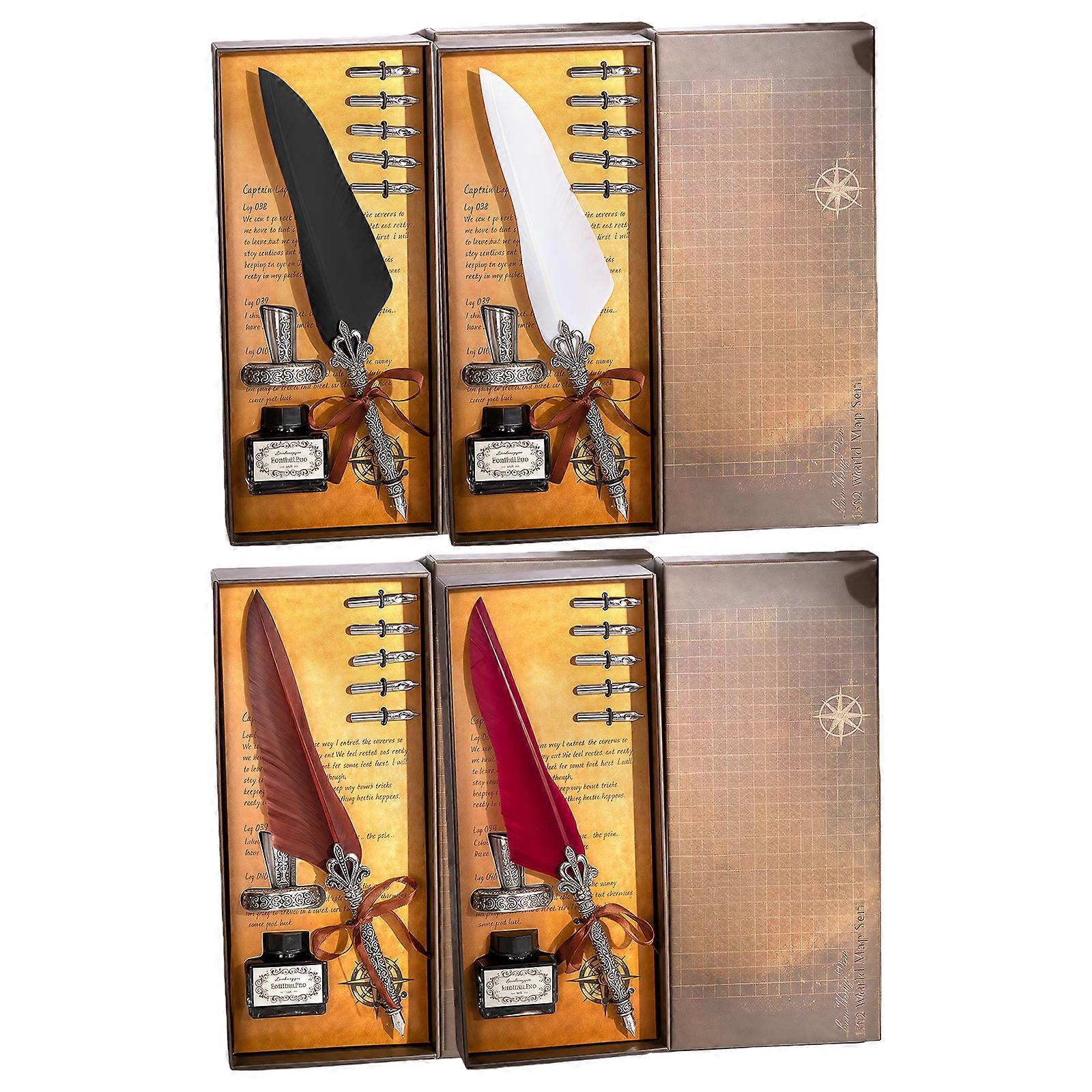 Retro Feather Fountain Pen With Refillable Inkwell And 5 Size Nibs Antique Quill Pen Gift Set For Beginner Handwriting  Burgundy