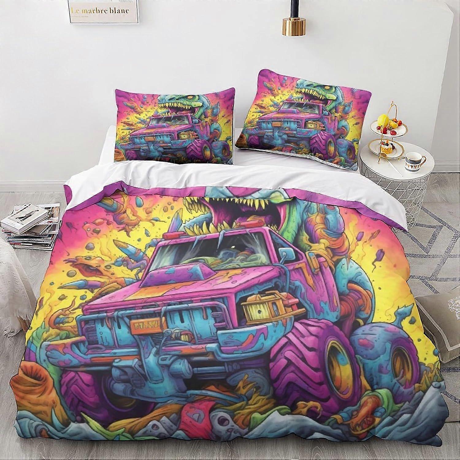 LikeEj monstro edredom capa set 3D cartoon padrão printe roupa de cama vintage carro colcha edredom capa conjunto, microfibra macia dupla