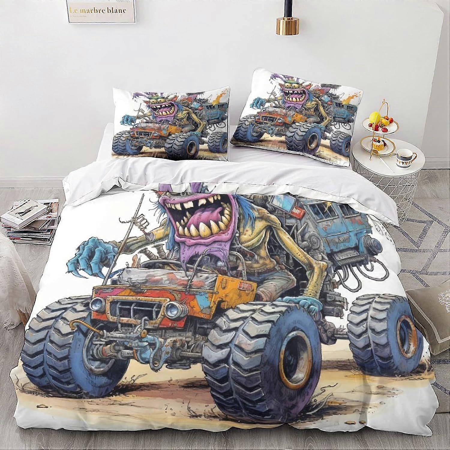 LikeEj الوحش غطاء لحاف خمر سيارة الفراش مجموعة 3D الكرتون لينة المعزي لحاف غطاء ستوكات 3 قطعة الفراش مجموعة ديكور الغرفة الملك