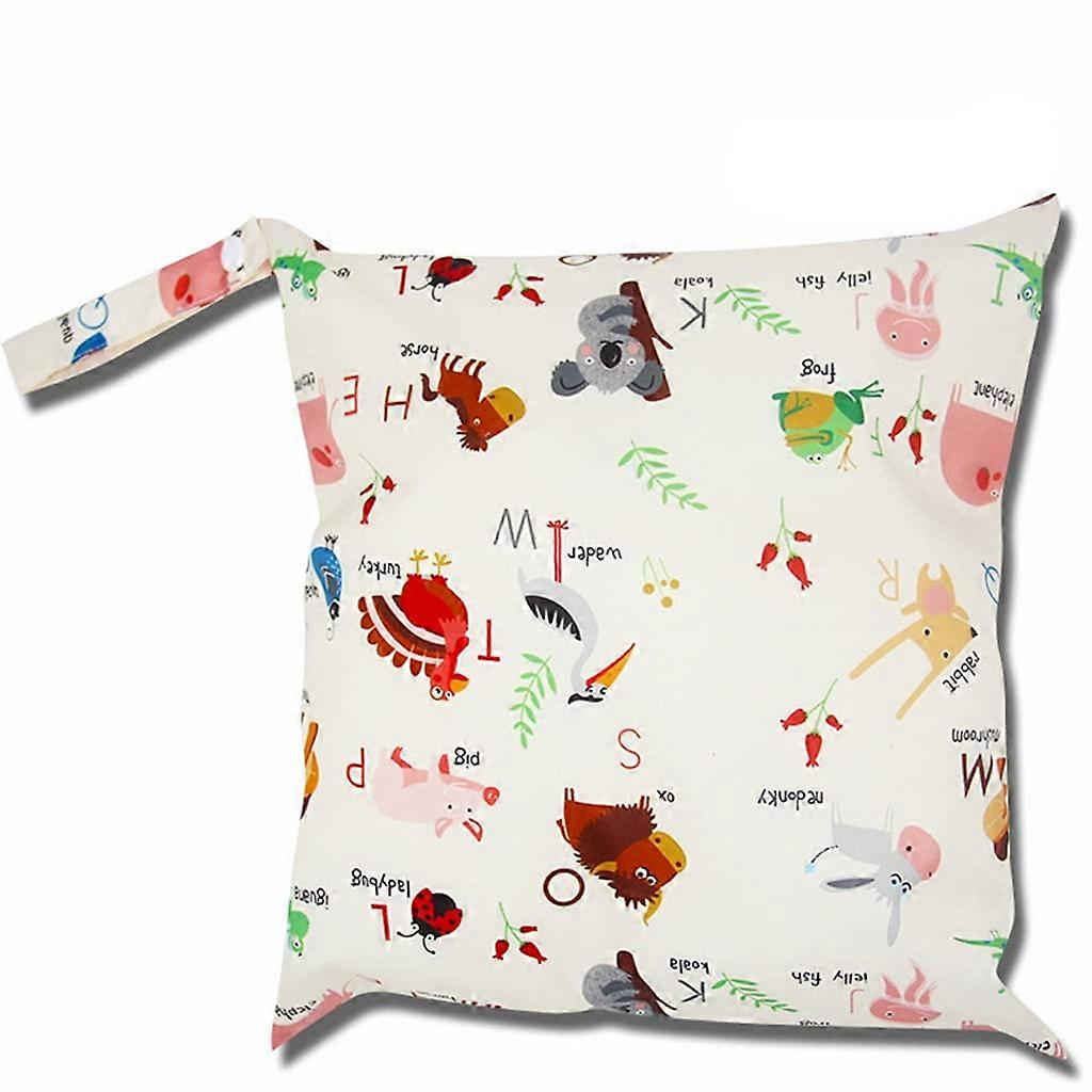 Waterproof Wet Bag for Cloth Nappies with Zoo Print and Letters M, Reusable Changing Bag 30x28cm