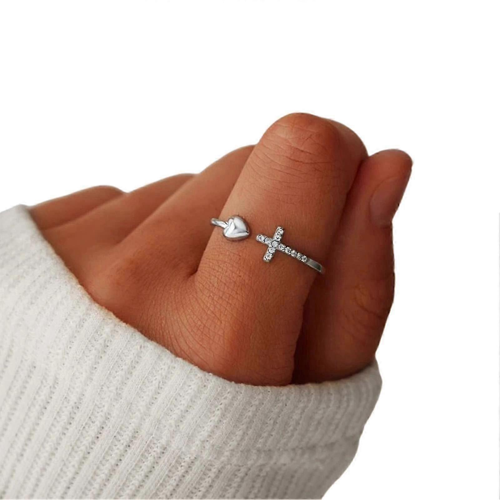 Heart-shaped Adjustable Alloy Ring, Cross Design