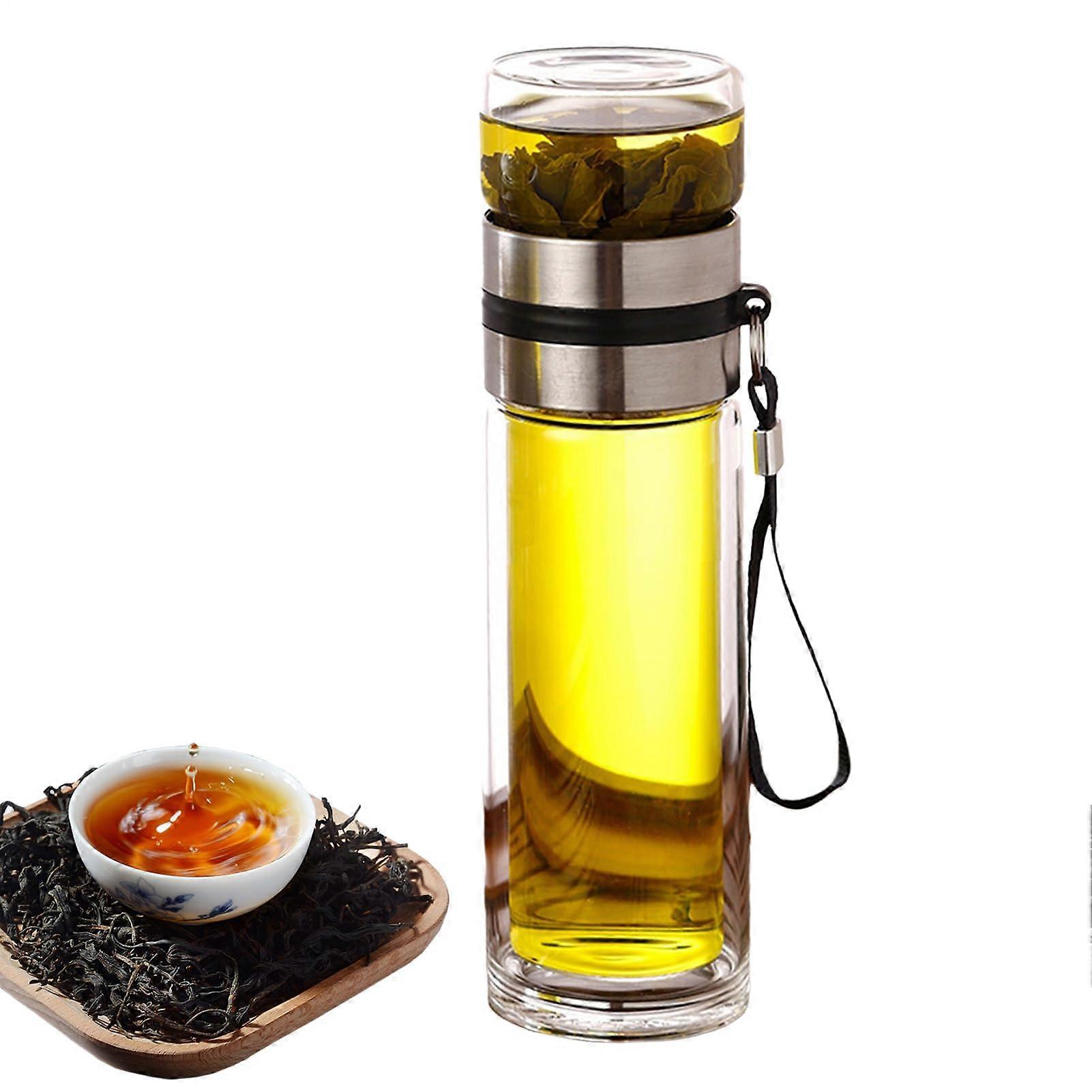 Glass Tea Infuser Bottle 450ml Leakproof Double Wall with Builtin Strainer and Carry Handle